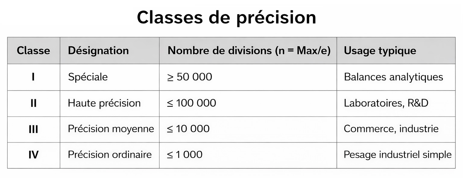 Tableau classe de precision pour balances en métrologie légale